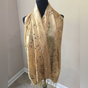 Stunning Yellow Gold Floral Embroidered Silk Blend Scarf Wrap